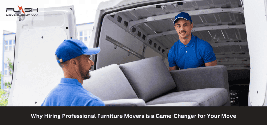 : Flash Moving & Storage professional movers carefully lifting furniture onto a truck for a safe relocation.